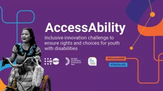 Poster a women on cycle, title text AccessAbility  Inclusive Innovation Challenge to ensure rights and choices for youth with disability 