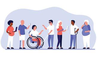 illustrator image people with different disability and assistive devcies
